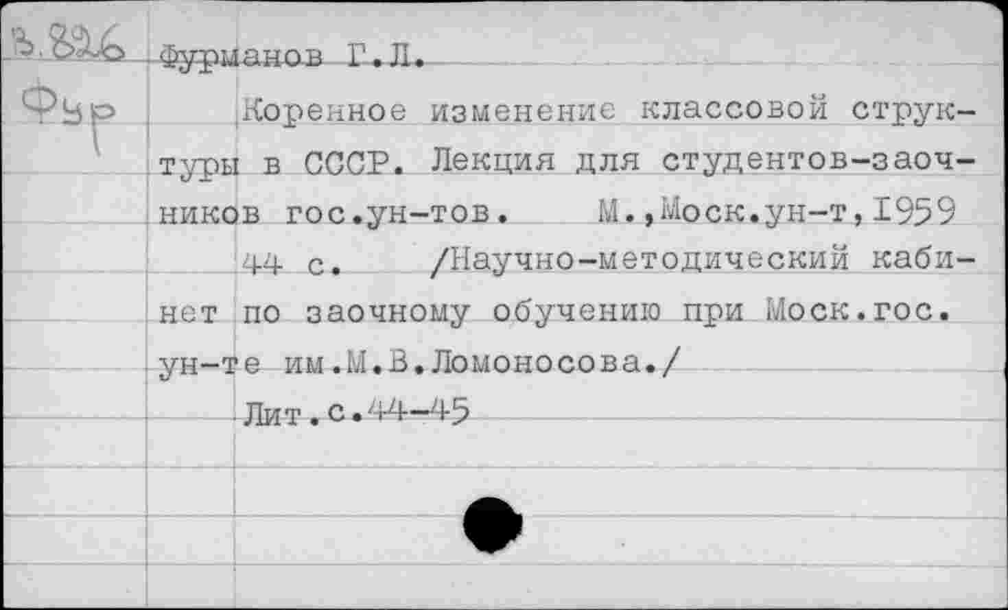 ﻿ь &&
.Коренное изменение классовой структуры в СССР. Лекция для студентов-заочников гос.ун-тов. М.,Моск.ун-т,1959
44 с. /Научно-методический кабинет по заочному обучению при Моск.гос. ун-те им.М.В.Ломоносова./
]----- Ли т. с.' 1-4—45-------------------